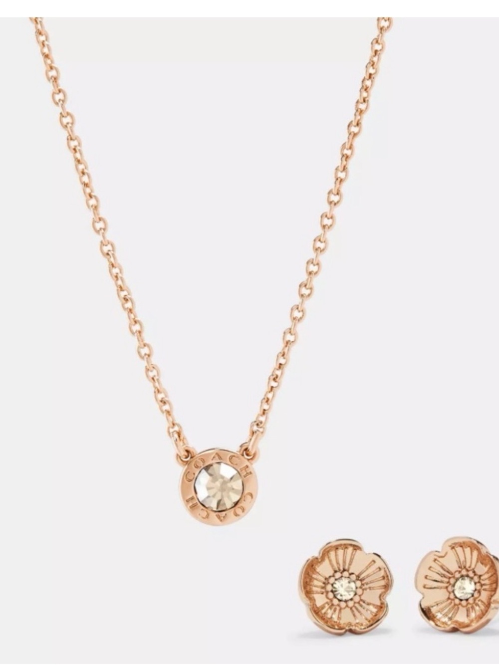 Coach Rose Gold Crystal Pendant Necklace with Flower Studs NEW